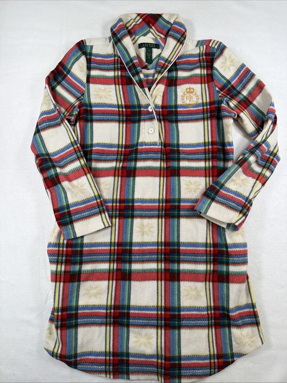 RALPH LAUREN Womens Red Plaid Fleece Nightgown Sleepshirt Crest Pockets Size M
